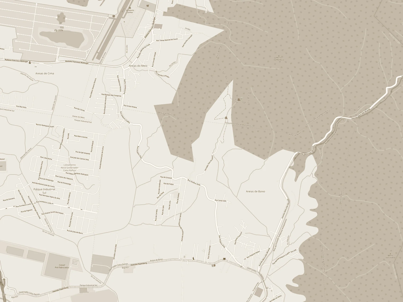 Mapa de Areias do Meio e Areias de Baixo, em Governador Celso Ramos, com a capela, o sítio e a Toca da Onça